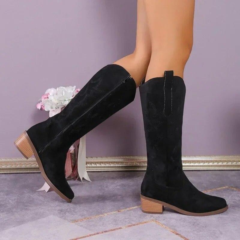 Women Embroidery Knight Boots Women Retro Square Toe PU Leather Knee High Boots Female Spring and Autumn Western Cowboy Botas Mujer