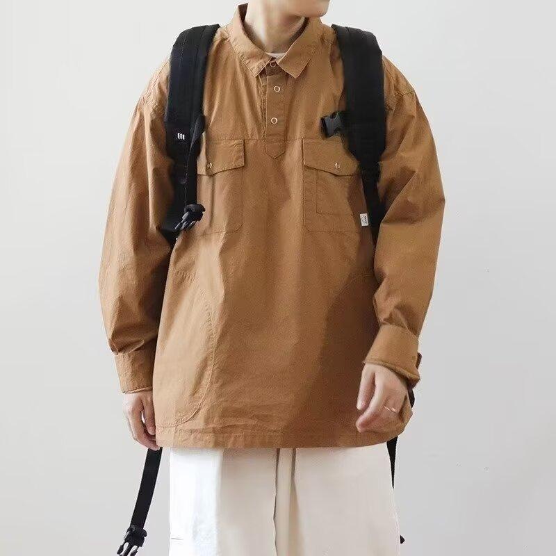 Japanese Retro Simple Letter Embroidered Shirt Men's Long Sleeve Lapel Multi-Pocket Casual Shirt Spring and Autumn Coat