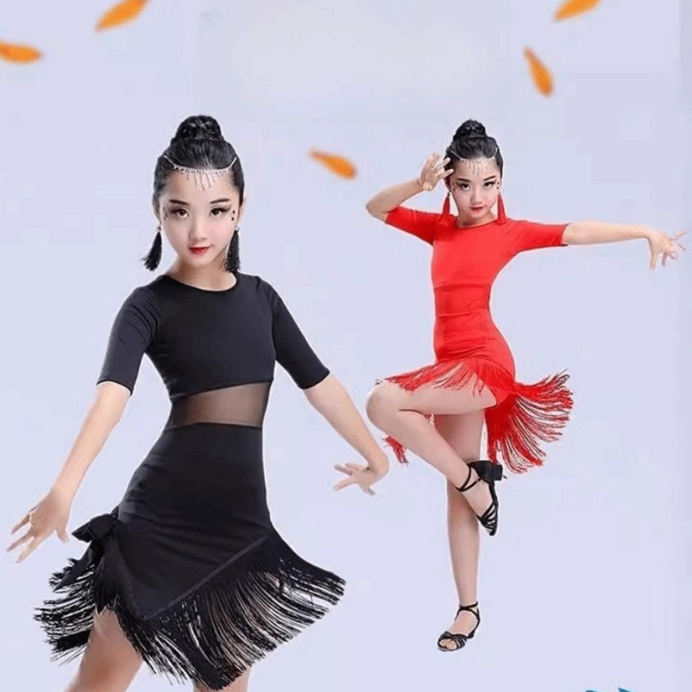 Cha Cha Kids Latin Dance Dress Black Red Samba Stage Outfits Performance Clothes  Child Girls