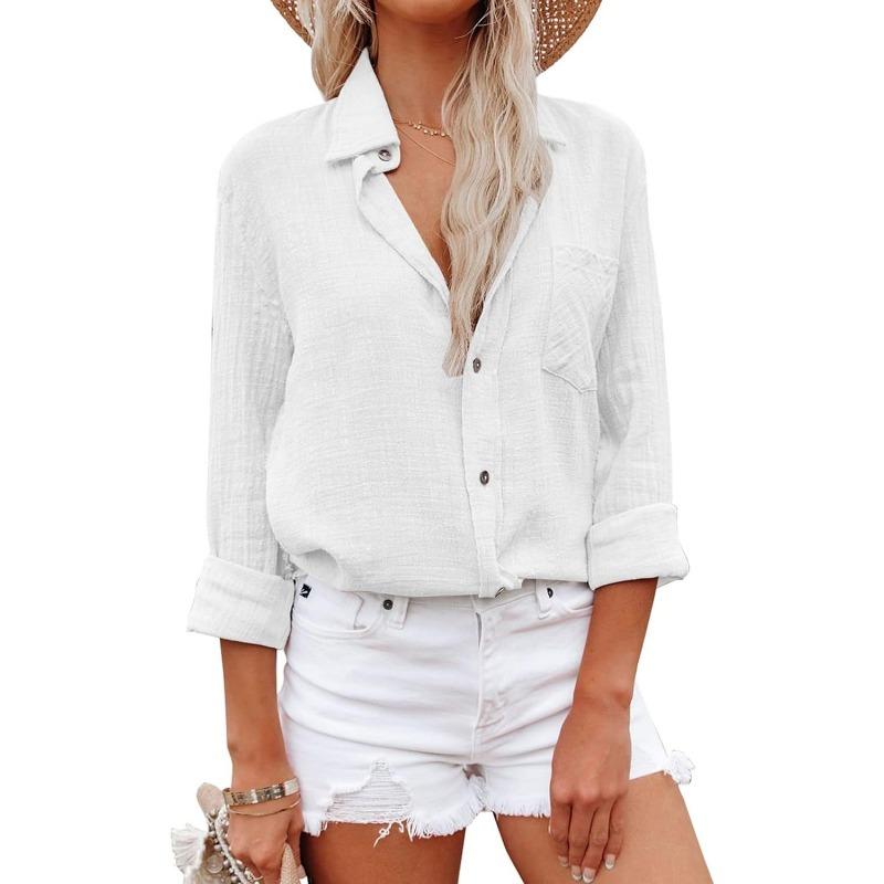 Женская новая весенне-летняя повседневная рубашка с V-образным вырезом и длинными рукавами на пуговицах