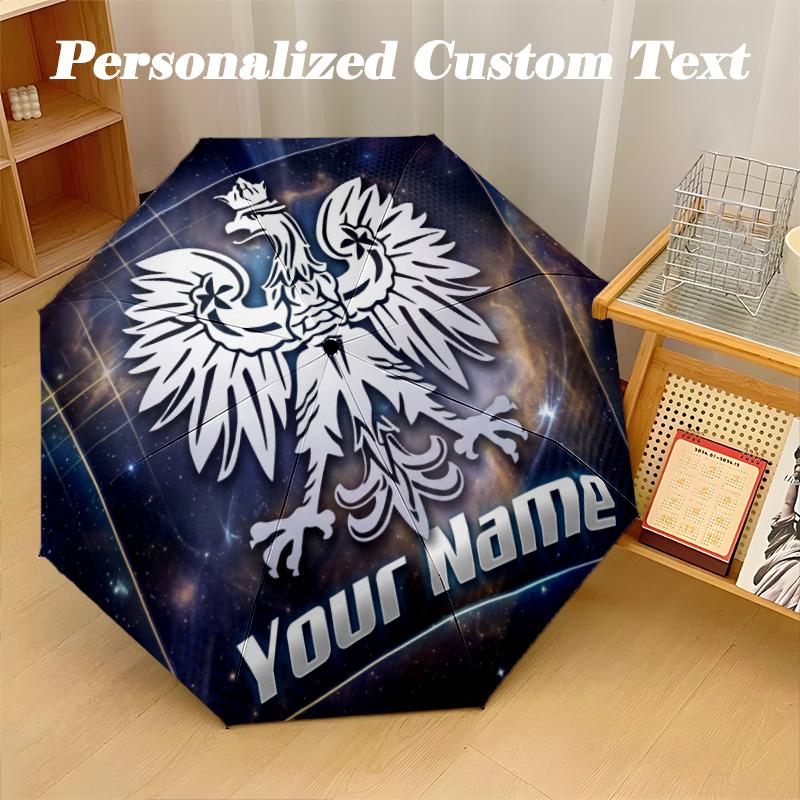 8 Rib Auto Folding Umbrella Poland Football Print Custom Name Text Portable Rain Gear