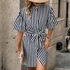 Женское полосатое платье-рубашка со стойкой и рукавом «лепесток лотоса»