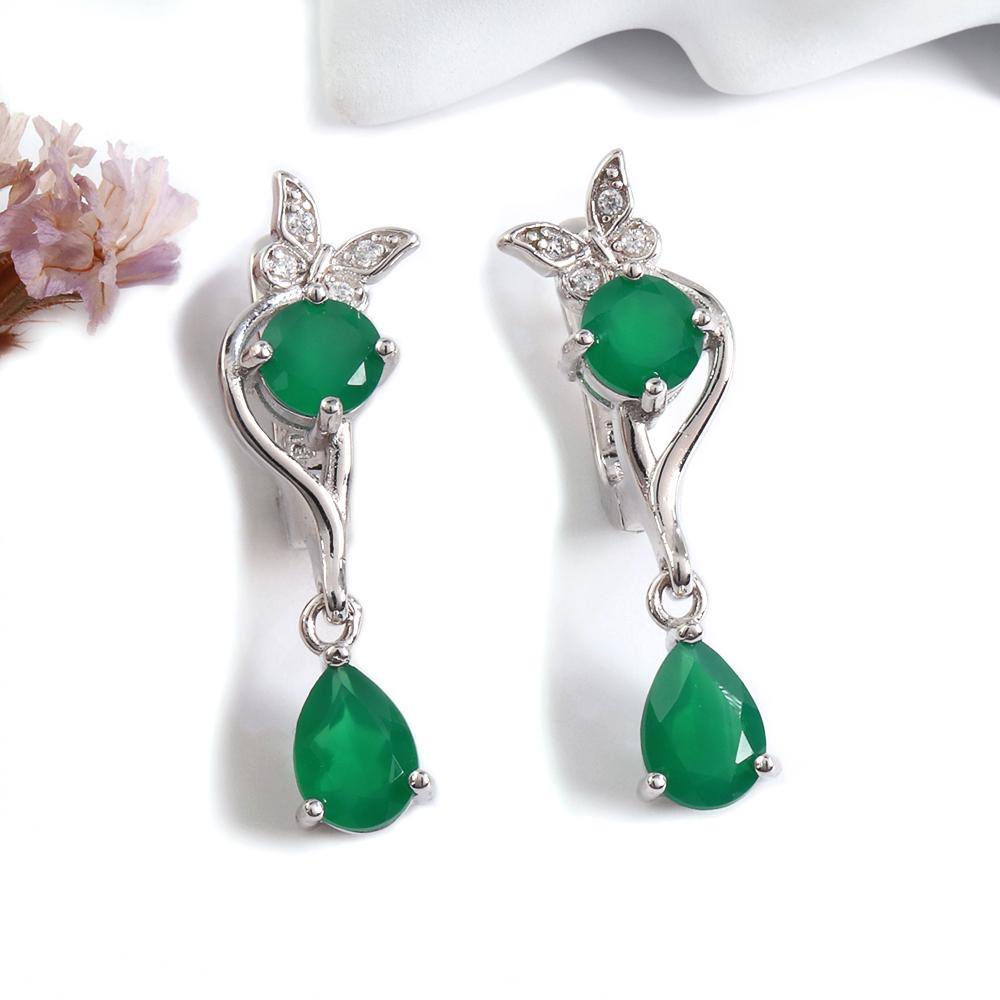 Butterfly Design Silver Jewelry Set with Natural Green Agate Gemstones Earrings And Ring for Women