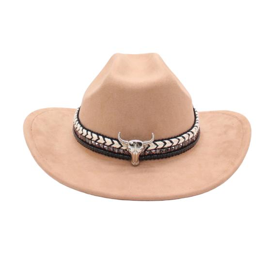Ковбойская шляпа для женщин и мужчин, формованная кромка, западная шляпа ковбойки с украшением в виде повязки с головой быка, шляпа федора из искусственной замши, сворачивающаяся