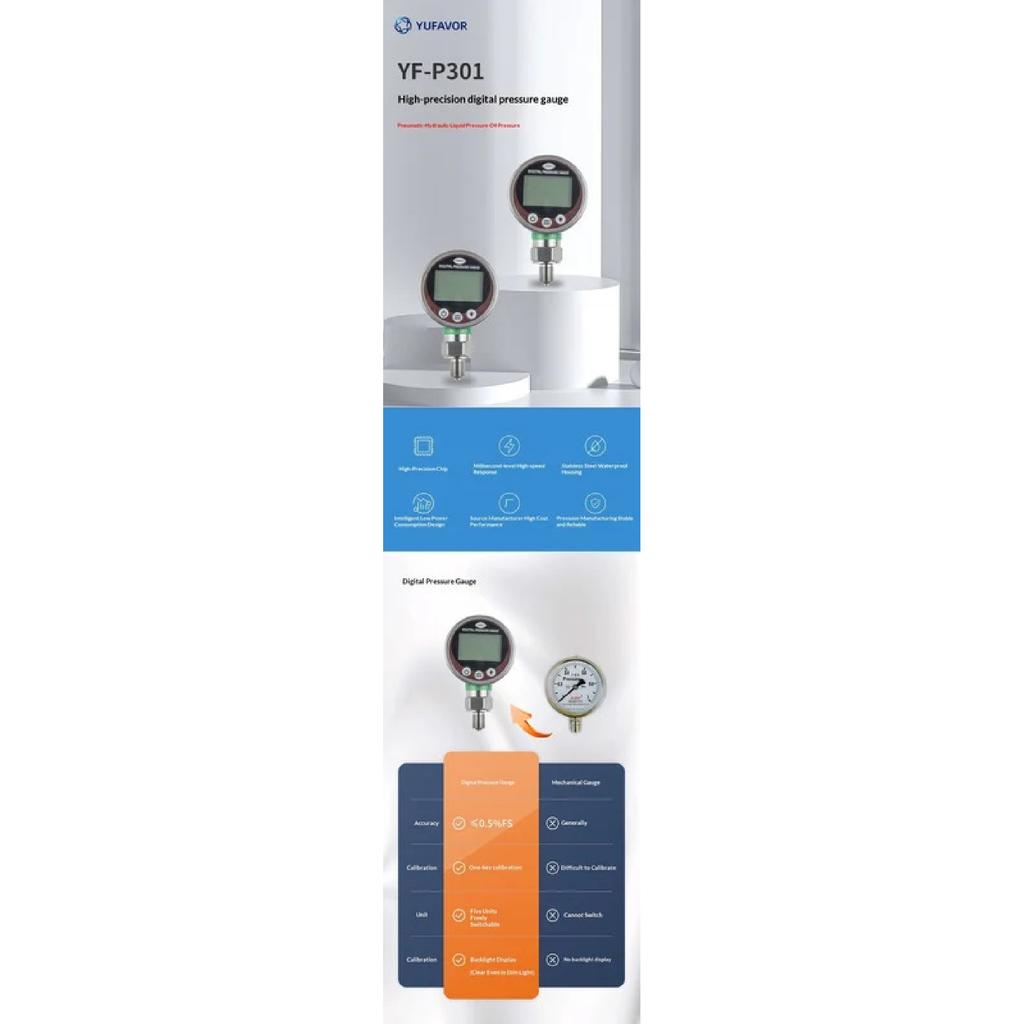 High Precision Digital Pressure Gauge Electronic Manometer for Air Water Oil Hydraulic Fluids with LCD Display