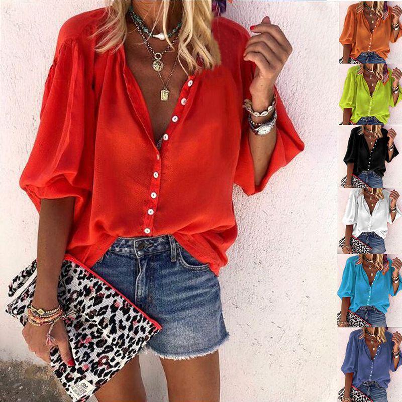 Stylish Women's 3/4 Sleeve Shirt Top Comfortable Loose Fit Button Down Blouse T-shirt