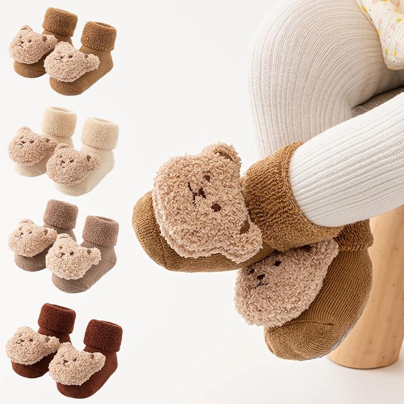 1 пара детских носков с медвежонком, носки-тапочки для мальчиков, зимние носки средней длины, милые хлопковые, для малышей, толстые, с нескользящей подошвой, мягкие