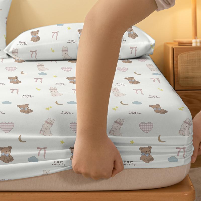 1 Cartoon Cute Animals Bear Rabbit Printed Matte Fitted Sheet, Bedroom Printed Bed Cover, Bedding (Excluding Pillowcases)