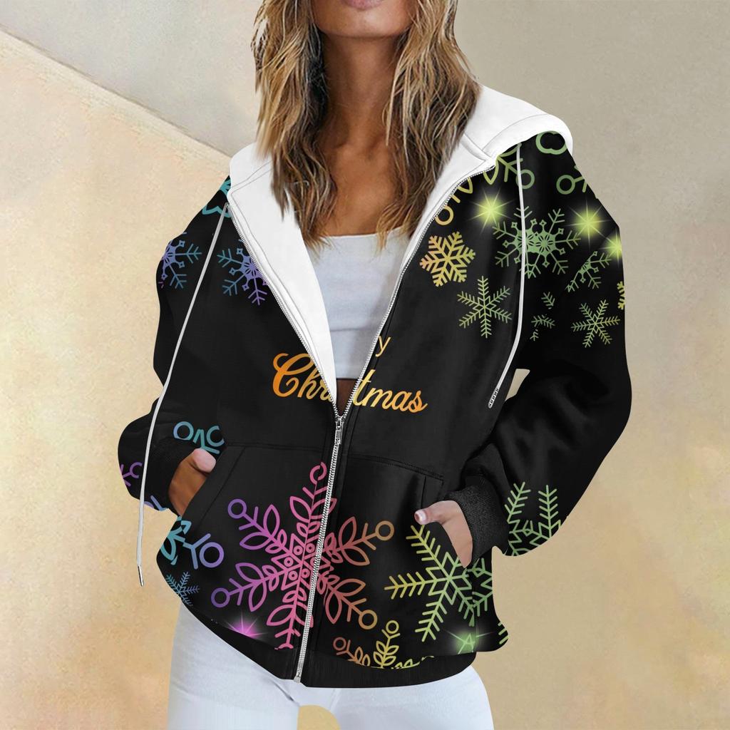 Женская модная повседневная толстовка с рождественским принтом и длинными рукавами, карманная куртка, пальто с капюшоном на молнии