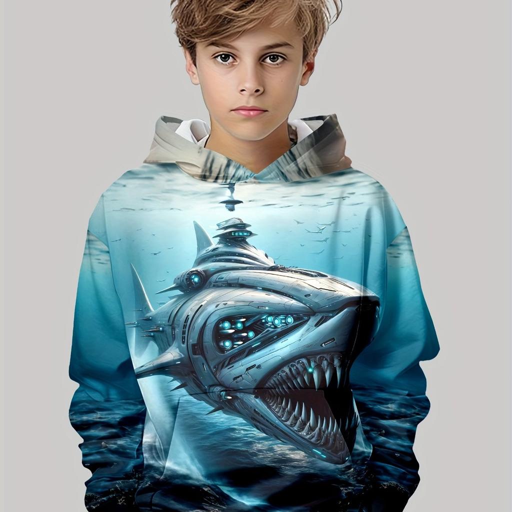 Детская одежда Толстовки с капюшоном для мальчиков с длинным рукавом и принтом акулы 3D Детская одежда на весну и осень Повседневная уличная одежда для девочек Топы