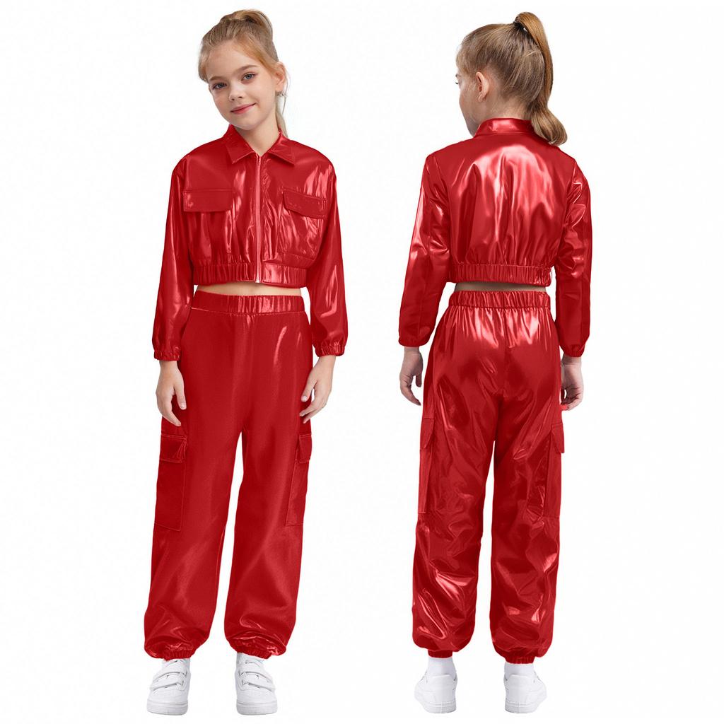 Детский танцевальный костюм для хип-хопа унисекс, куртка цвета металлик с длинными рукавами, отложным воротником и блестящими брюками