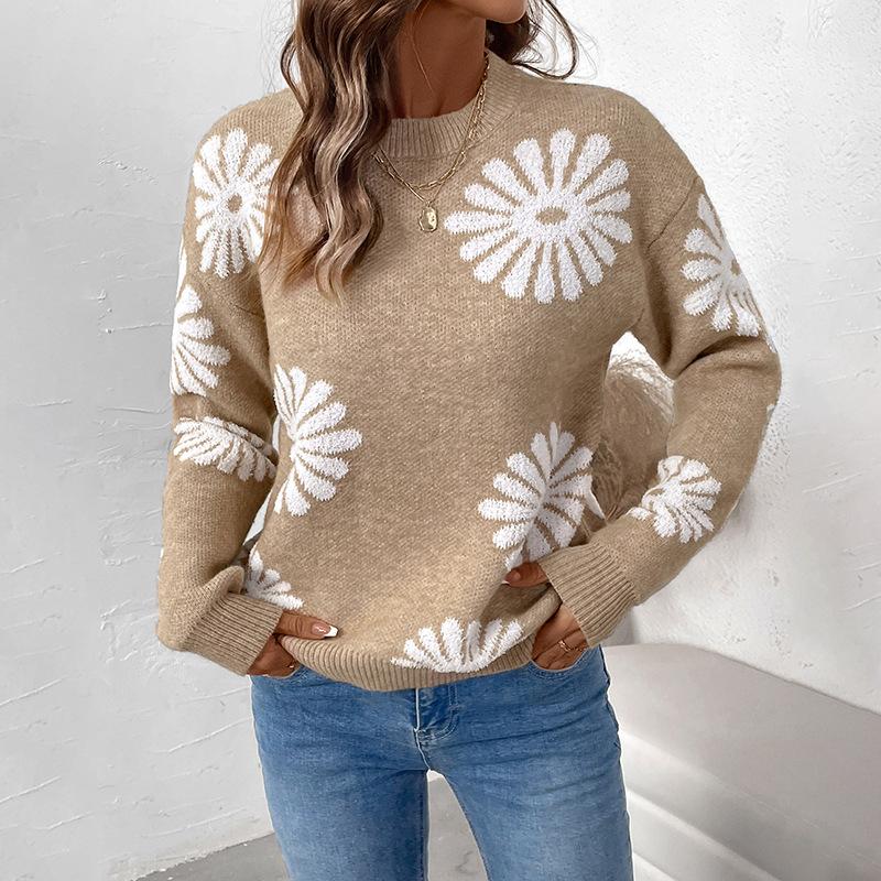 Women Autumn Winter Long Sleeve O Neck Flower Jacquard Weave Pullover Knitted Sweater Knitwear Top