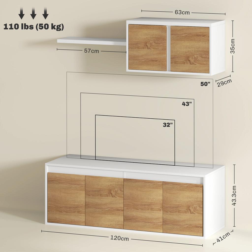 TV Cabinet and Wall Cabinet Set with 7 Shelves and Open Shelf, in Wood, 120x41x43.3 cm, White and Wood Color