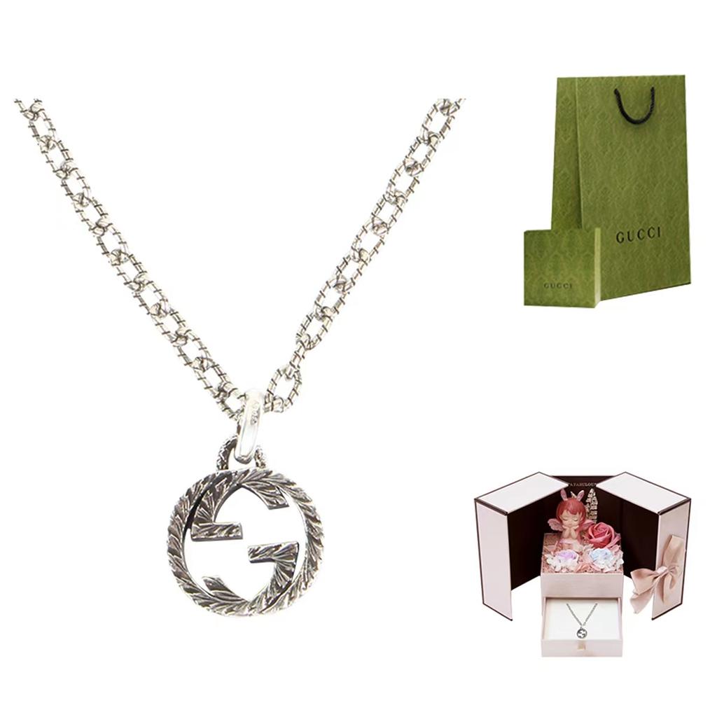 Gucci Interlocking Textured Double G Silver Pendant Necklace Unisex necklace 455307-J8400-0811