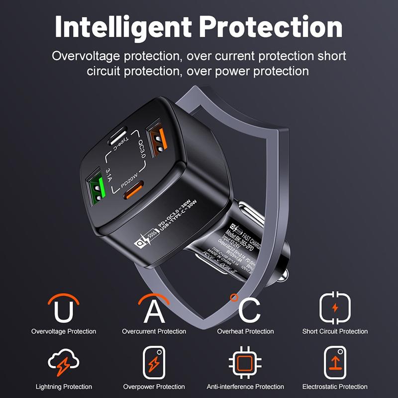 Автомобильное зарядное устройство 38 Вт, 2 USB, 1 PD Type-C, быстрая зарядка 3,1 А, зарядка телефона, адаптер Quick Charger QC 3.0 для iPhone 16 15, ноутбуков, планшетов