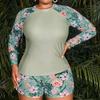2024 Plus Size European & American Long Sleeve Tankini with Printed Design and Flat Leg Shorts.