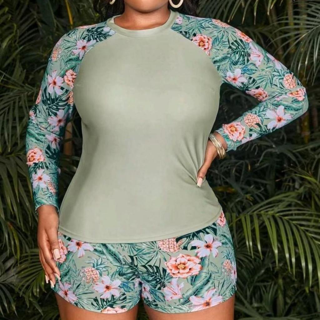 2024 Plus Size European & American Long Sleeve Tankini with Printed Design and Flat Leg Shorts.