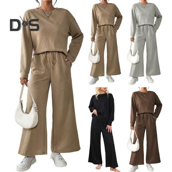 2 шт./комплект женский топ брюки костюм O-образный вырез длинные рукава однотонный спортивный свитшот завязывающийся на резинке талия широкие брюки фитнес-наряд осень весна