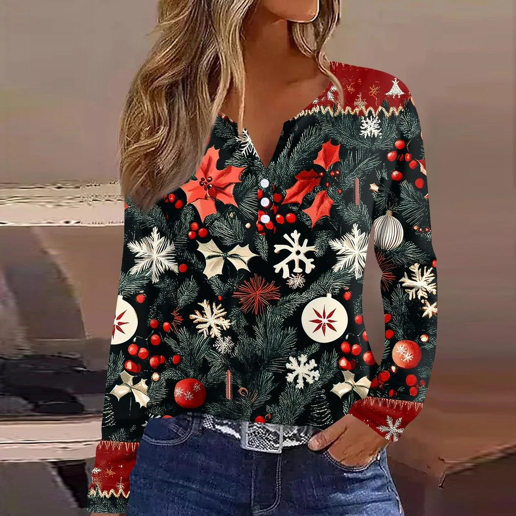Женская футболка с рождественским принтом на пуговицах с длинным рукавом, повседневная, выходного дня, модная, базовая, с V-образным вырезом, обычная