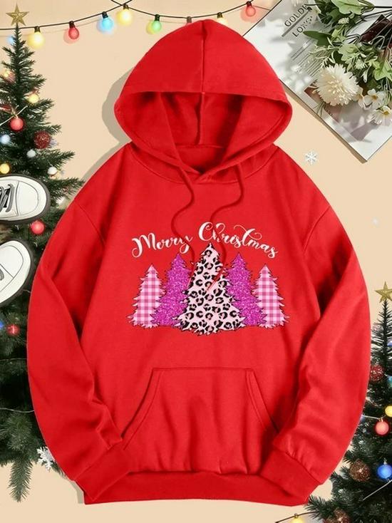 Women's Loose Pink Christmas Tree Hoodie Sweatshirt