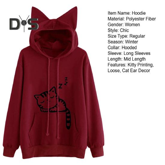 Women Fall Winter Hoodie with Big Pocket Cat Ear Decor Kitty Printing Hooded Full Sleeves Loose Pullover Home School Sport Top