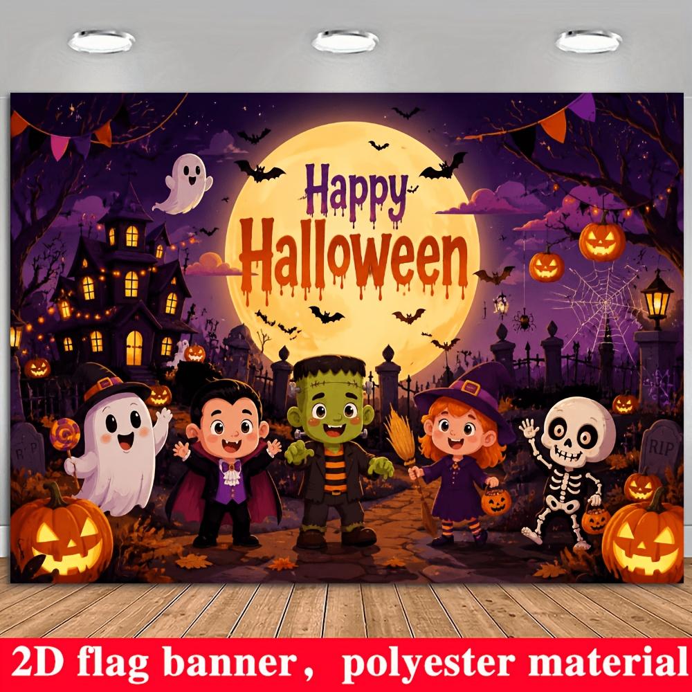 Halloween Theme Banner Backdrop, Full Moon Ghost Pumpkin Dark Castle Bat Cartoon, Polyester, No Power, Party Photo Wall Decor