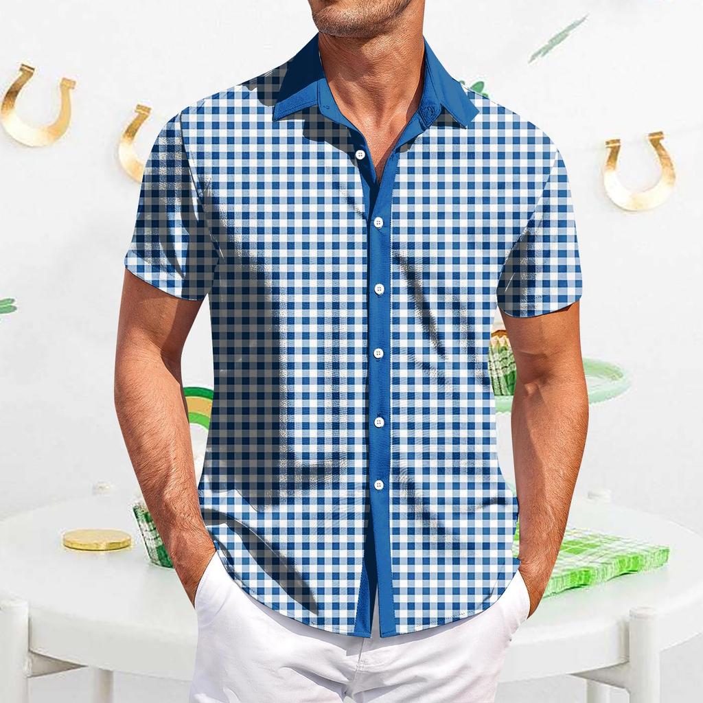 Мужская повседневная рубашка с короткими рукавами, приталенная, модная, с принтом в клетку
