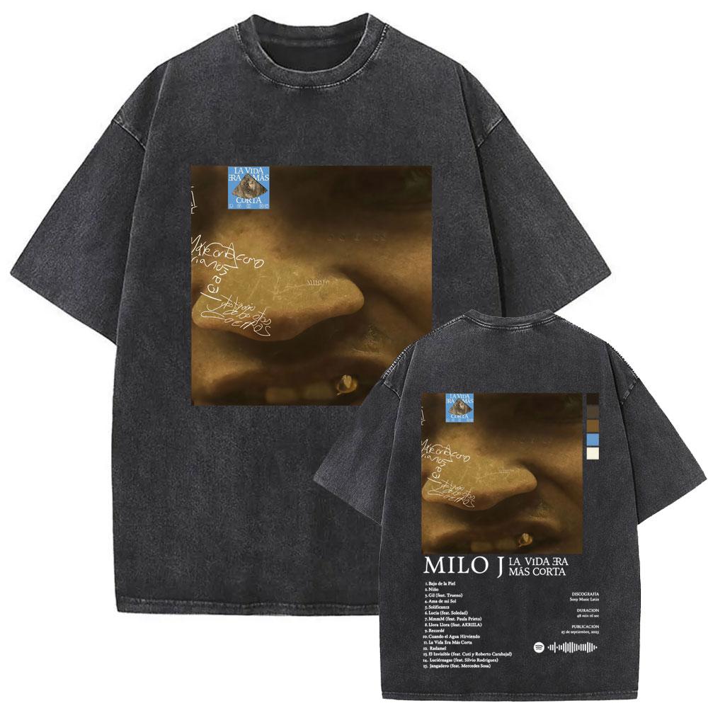 Washed Vintage Rapper Milo J La Vida Era Mas Corta Album Graphic Tshirt Men Women Hip Hop Fashion Pop Music T Shirts Streetwear