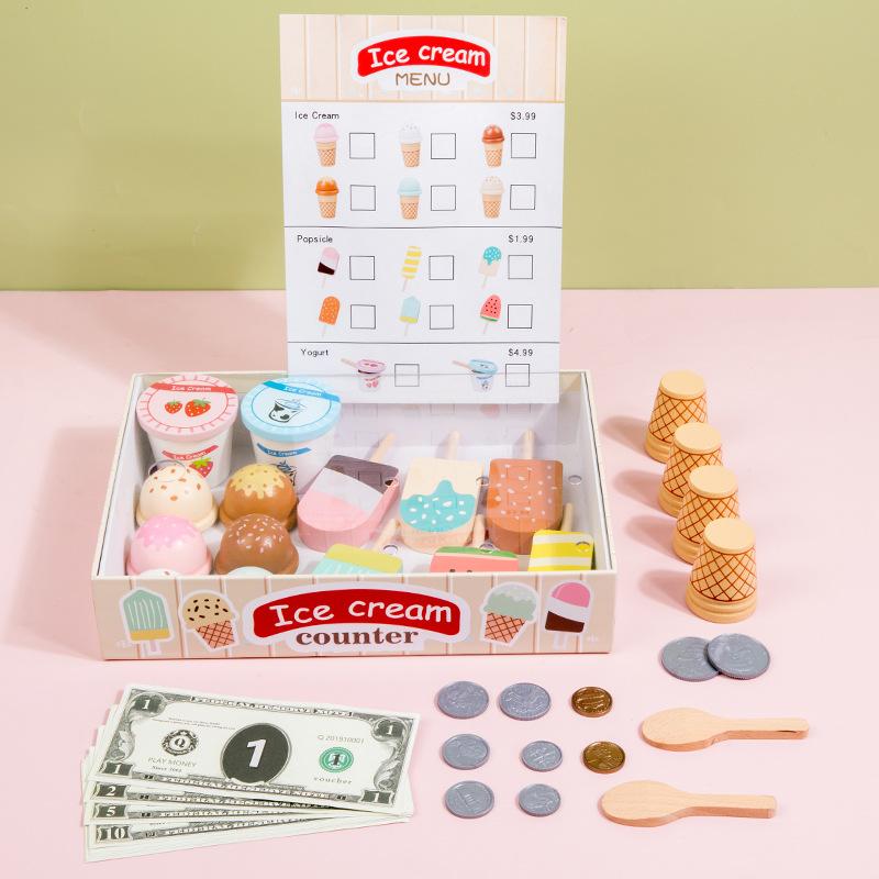 Wooden Play House Kitchen Toy Set Simulation Food Ice Cream  Kitchen Accessories For Kids Preschool Education Game Xmas Gift