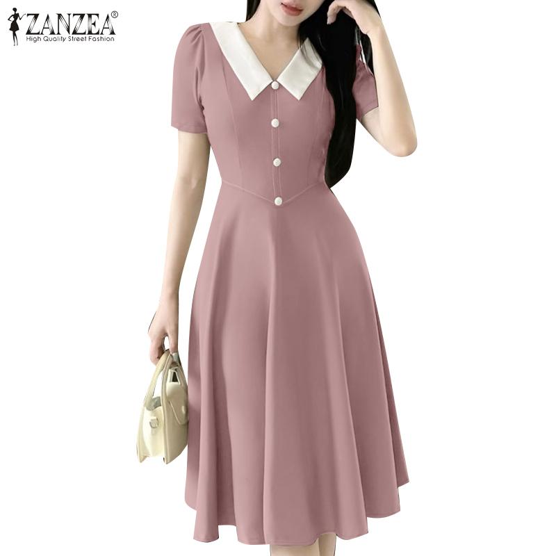 ZANZEA Женское летнее повседневное платье в стиле пэчворк с V-образным вырезом и коротким рукавом