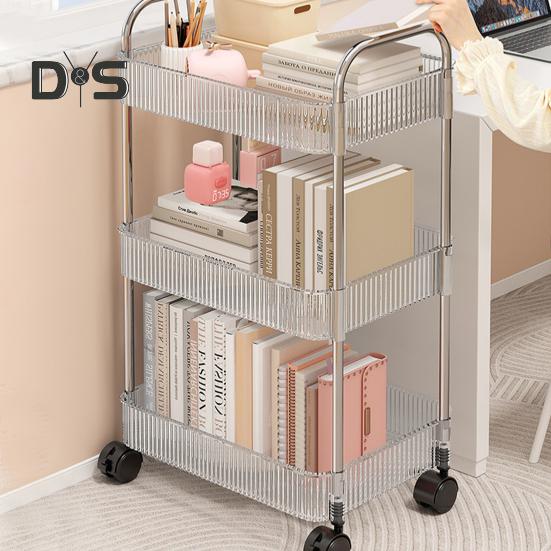 Movable Shelf with Wheels Multi-tiers Storage Rack Rolling Cart Transparent Basket Organizer Trolley for Snacks Cosmetics Bathroom