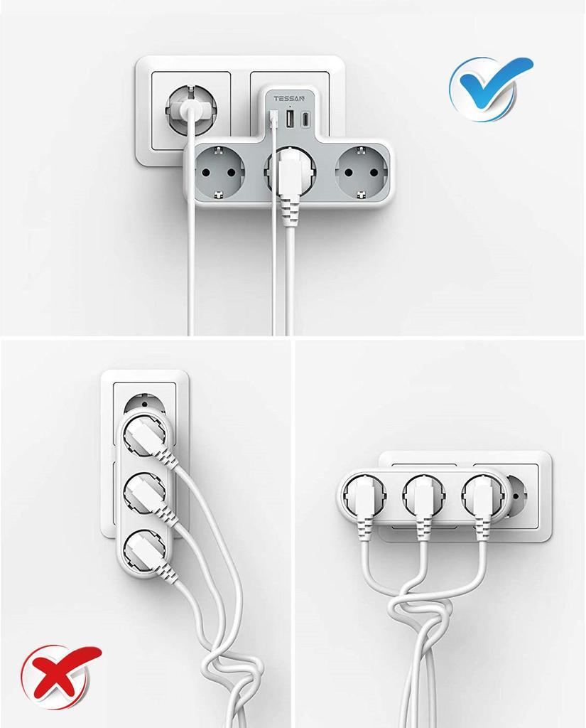 Tessan Multiple Power Strip Electrical EU Plug Extension Socket 3 Outlets with 2/3 USB Ports Wall Charger Adapter for Home Travel