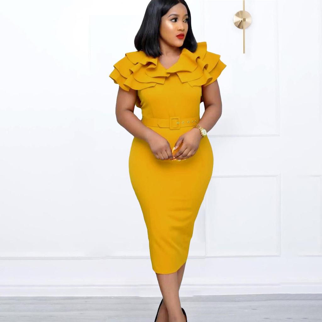 Женское летнее модное платье большого размера с рюшами, цельное однотонное платье-футляр с поясом