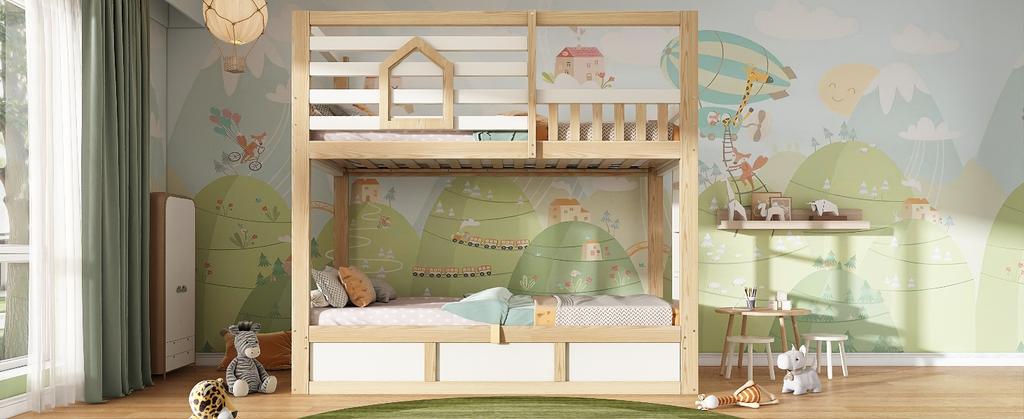 Kids Bunk Bed 90x200 cm, Cabin Style White/Natural Wood with Window Safety Railing, Ladder, Hydraulic Storage for 2 Children, EN747 (Without Mattress)