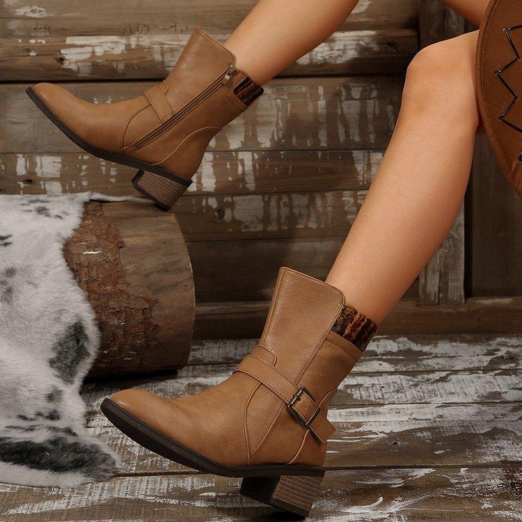 Модные замшевые ботинки до середины икры с ремешком с пряжкой для женщин Весна Осень Боковая молния Модная женская обувь Гладиатор Толстый средний каблук Ботильоны
