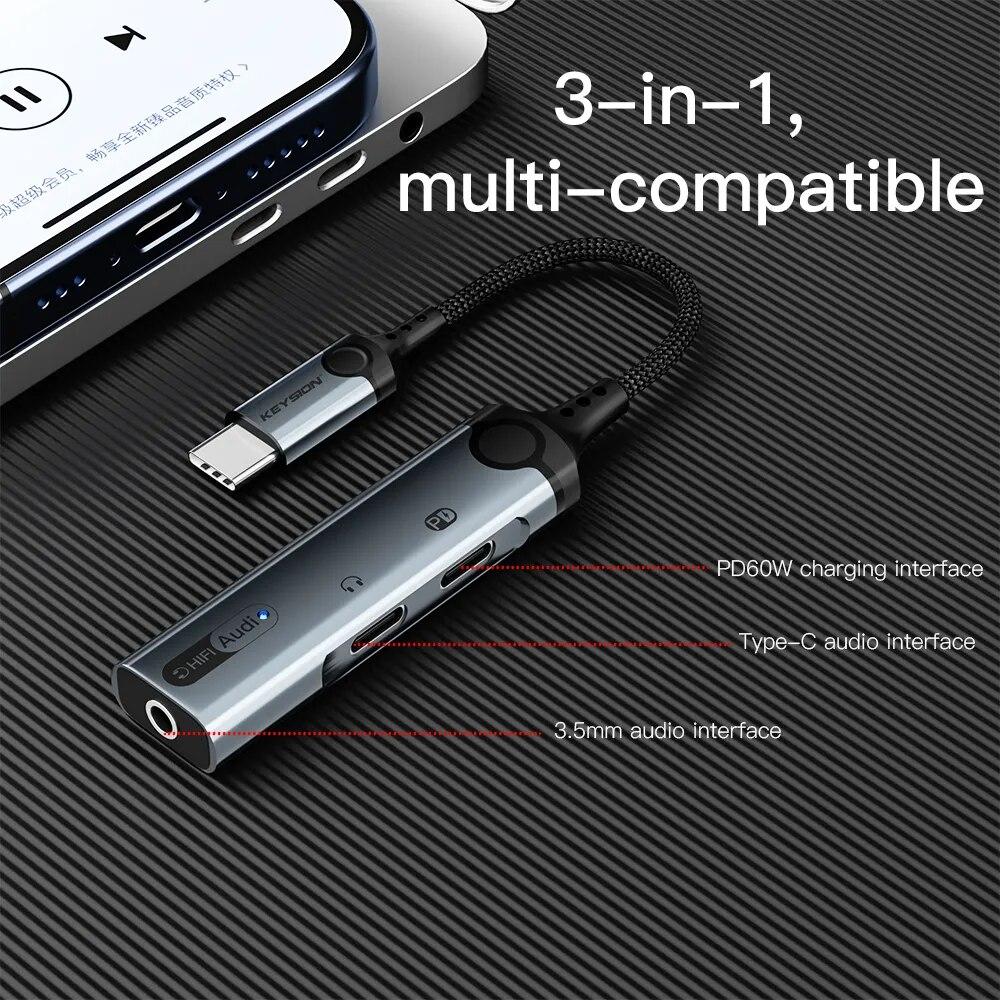 KEYSION Наушники 3 в 1 типа C до 3,5 мм, ЦАП, аудио, двойной разъем для наушников типа C, адаптер PD60W, разветвитель для быстрой зарядки для iPhone 15