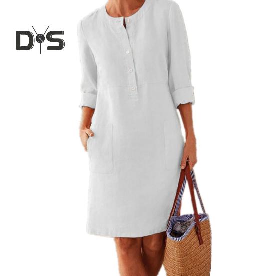 Осень-весна женское платье с круглым вырезом, однотонные пуговицы, свободное платье с длинными рукавами и накладным карманом длиной до колена, повседневное повседневное платье