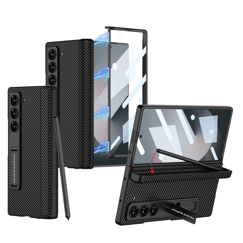 Чехол для мобильного телефона Samsung Fold6 Полностью закрывающий Противоударный Магнитная адсорбция Шарнир Складной Вращающийся вал Однотонный Кожаный Чехол-книжка с держателем для ручки Пленка-накладка