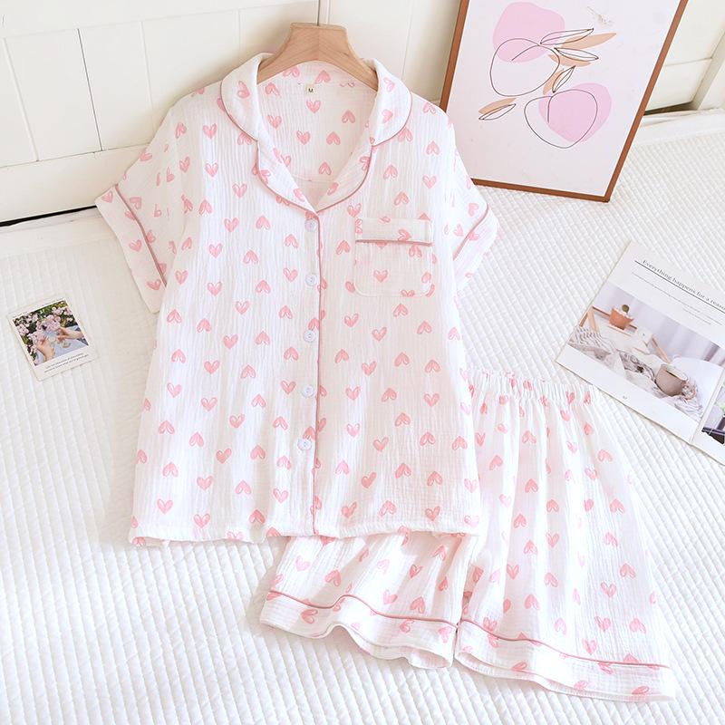 Женский летний пижамный комплект из чистого хлопка - Милый, Дышащий, с коротким рукавом и шортами