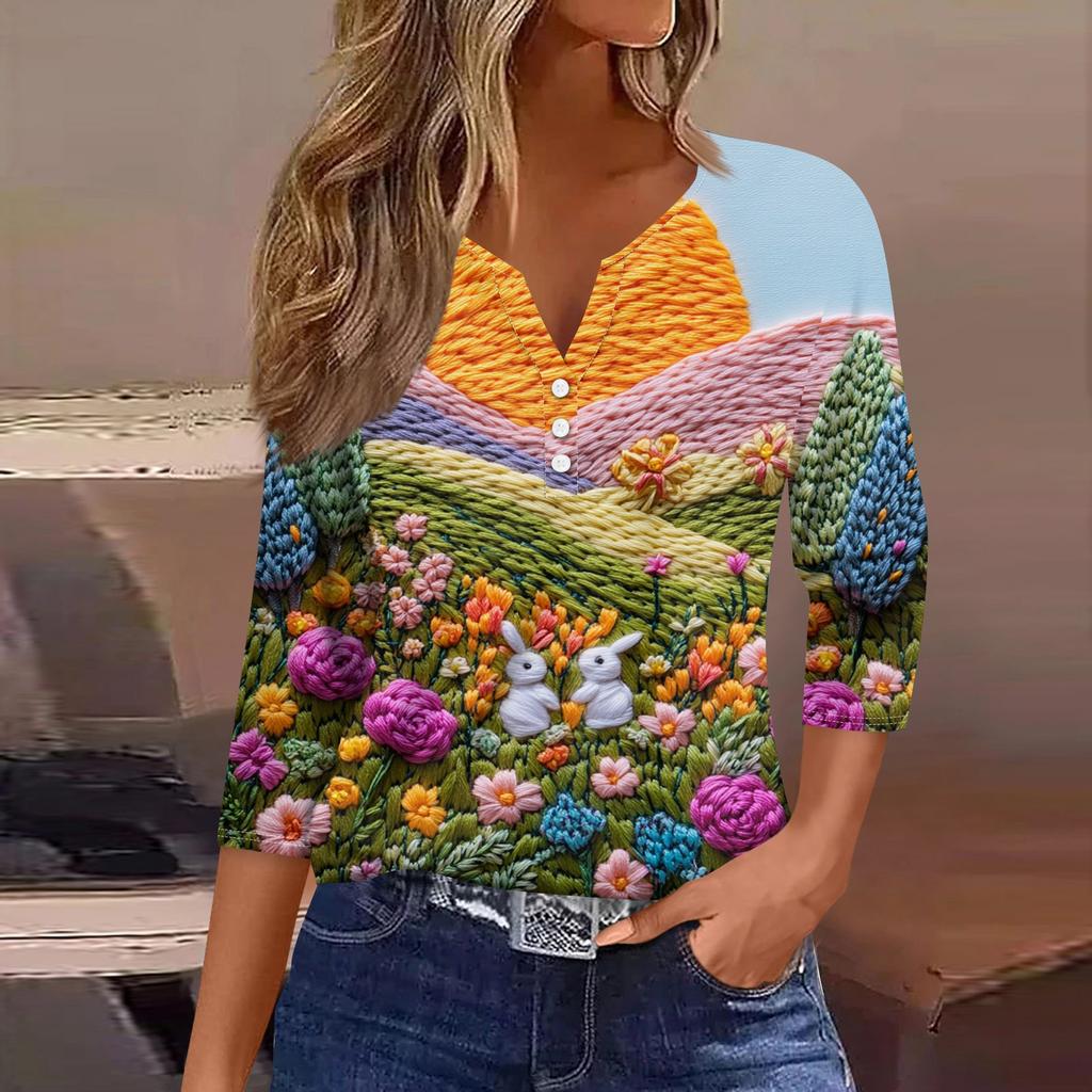 Жен. Футболка Футболка С принтом Пуговицы Рукав 3/4 Повседневные Выходные Мода Классический V-образный вырез Обычный Топ