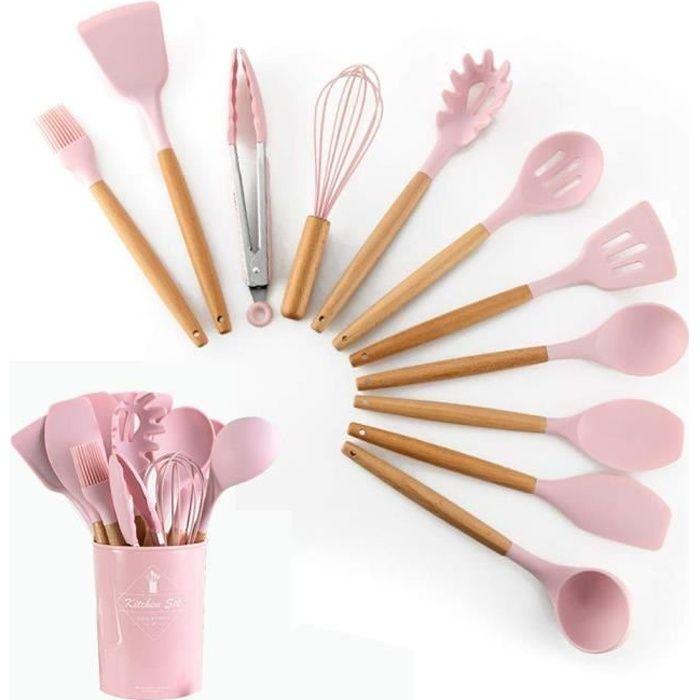 Kit Ustensiles de Cuisine - Marque - 12 pièces - Silicone Antiadhésif - Manche en Bois Lisse - Contemporain