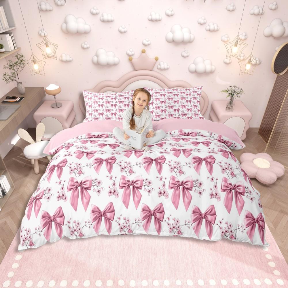 Homewish Pink Ribbon Bow Duvet Cover Set for Girls,Kawaii Princess Cartoon Bedding Set,Cute Stars Print Reversible Bed Set