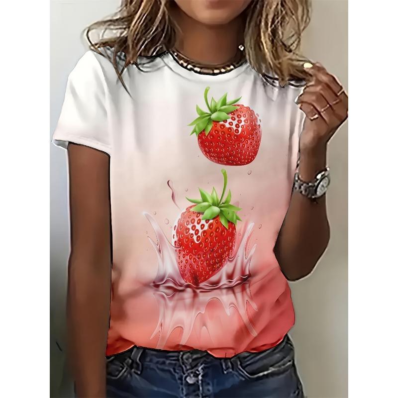 2025 Summer Round Neck Women's T-Shirt Casual Loose Simple Design Top Fashion 3d Printed Fruit Pattern Short Sleeve T-Shirt