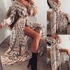 Fashion Women V Neck Letter Printed Long Sleeve Sexy Maxi Cocktail Dress