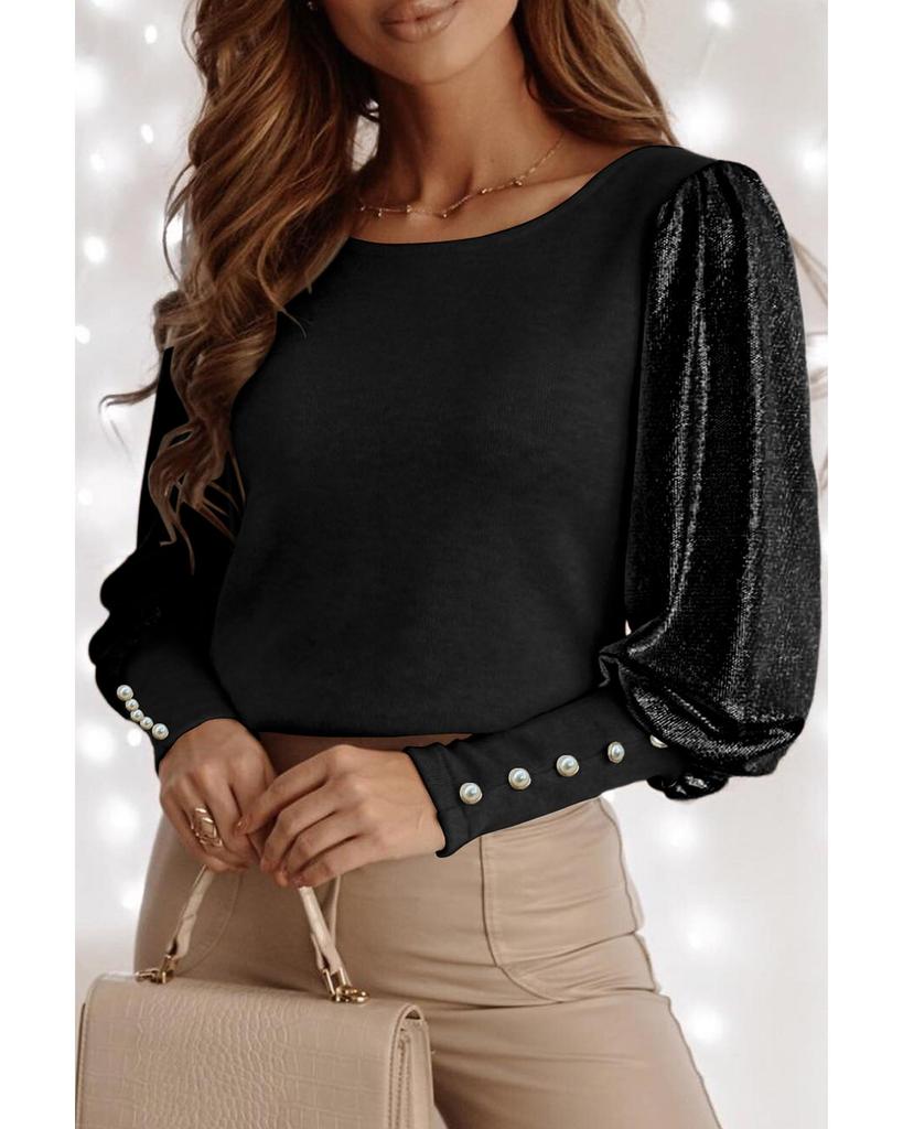 Azura Exchange Black Buttoned Cuffs Shiny Puff Sleeves Top