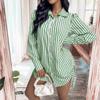 Women Summer Shirt Dress Lapel Long Sleeve Side Drawstring Design Mini Dress Single Breasted Striped Print Shirt Dress