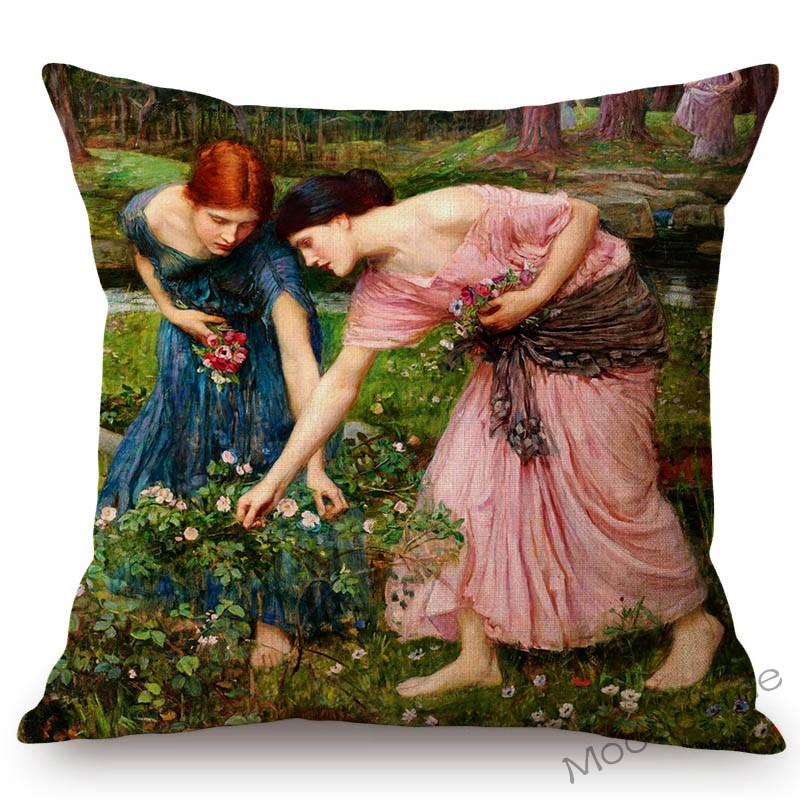 Aestheticism Master John Waterhouse Ancient Greek Myths Goddess Oil Painting Sofa Pillow Case Young Girls Linen Cushion Cover