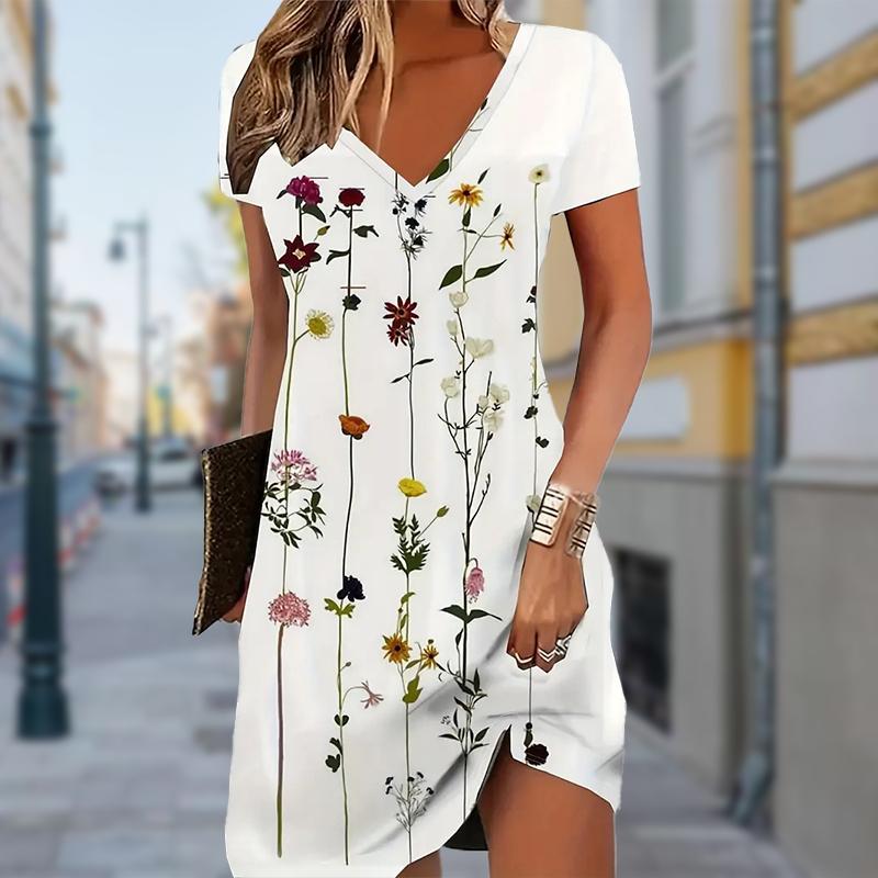 Летняя мода женские V-образный вырез короткий рукав красивые цветы принтованные платья сексуальные короткие юбки платья