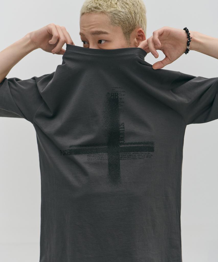 PLACESTUDIOMAN Round Neck Oversized Casual Short Sleeve T-Shirt With Cross Lettering Graphic Point _3 Colors
