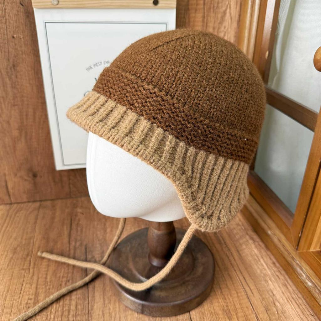 Color matching casual warm knitted hat women's big head circumference shows the face small autumn and winter windproof versatile ear protection hat Ba